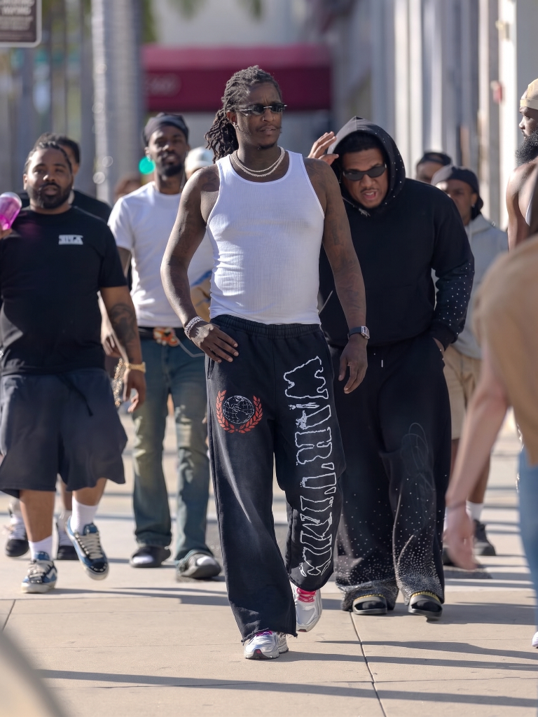 Young Thug wearing FANMAL Wartime Flared Sweats